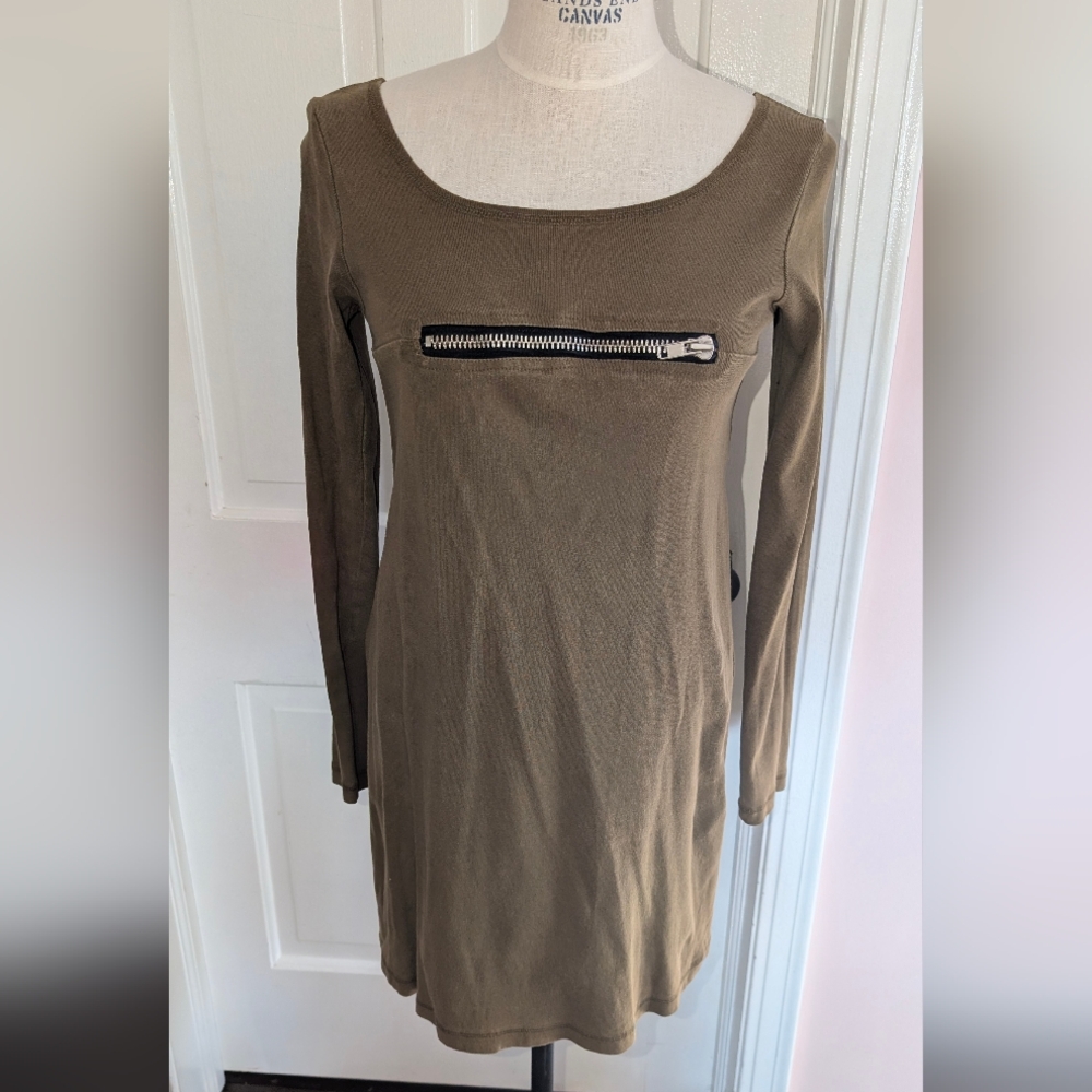 Betsey Johnson Khaki Long Sleeve Dress with Zipper Accent